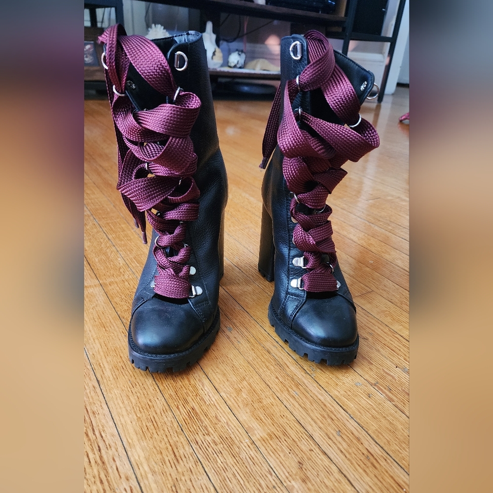 Women's Black and Burgundy Lace-Up Boots